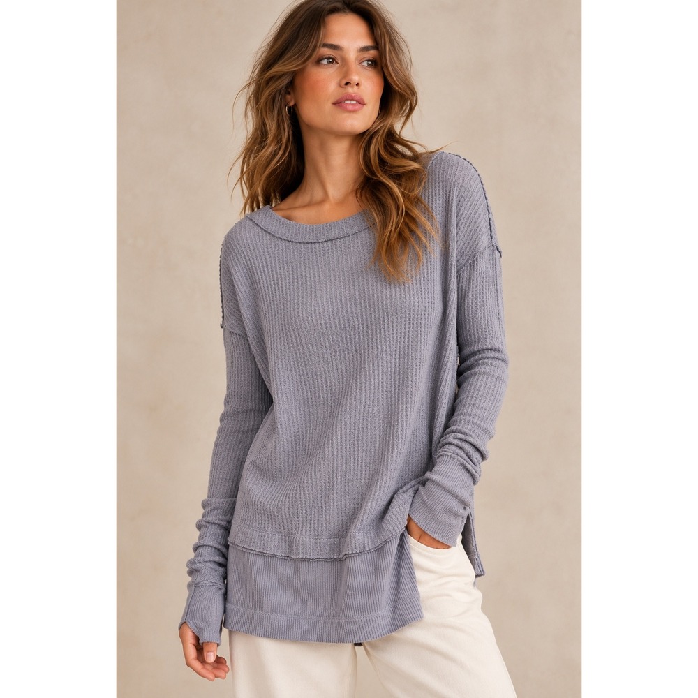 Free People We The Free Grey Waffle Knit Thermal Tunic Top Thumbhole Medium